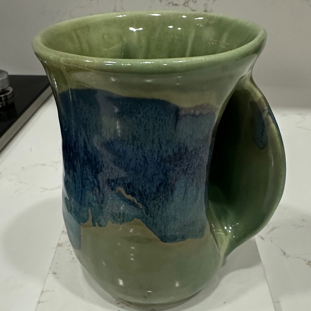 Studio Art Pottery Hand Warmer Mug - Green and Blue